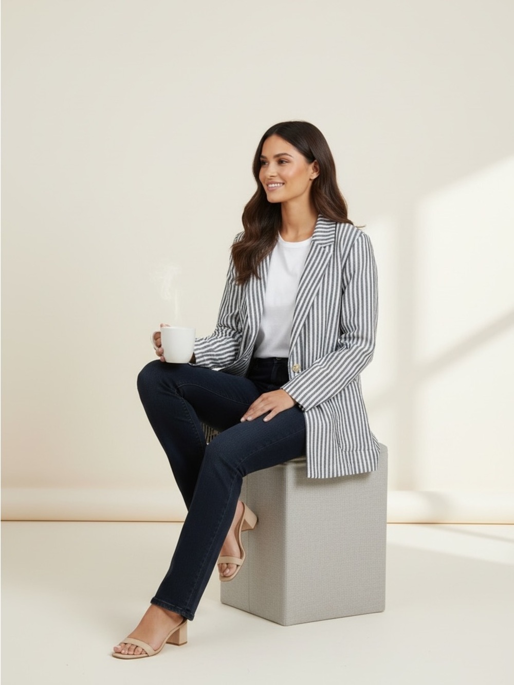 Caslon Linen Lightweight Striped Single-Button Blazer Blue & White